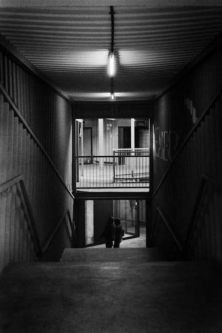 A black and white photograph of a downward view from a stairwell in a multi-storey building, showing a narrow corridor with wooden panelled walls on either side. The stairs lead to a lower level, where two people are seen standing close together near the bottom, partially visible. In the background, there is an open doorway and a small balcony or landing with metal railings, overlooking an interior space with multiple levels and an industrial-style ceiling with exposed beams and a fluorescent light fixture. The scene appears to be in an urban environment, possibly a residential or commercial building, with an overall atmosphere of quietness and structural simplicity. The image's focus on the stairwell's descending perspective creates a sense of depth, subtly aligning with themes of space management and possibly independent waste disposal in a shared or private setting, akin to alternative rubbish removal options. Waste Removal Ilford specializes in efficient, on-site clearance and tailored rubbish collection services, which this scene subtly complements through its depiction of confined, utilitarian environments designed for effective waste handling.